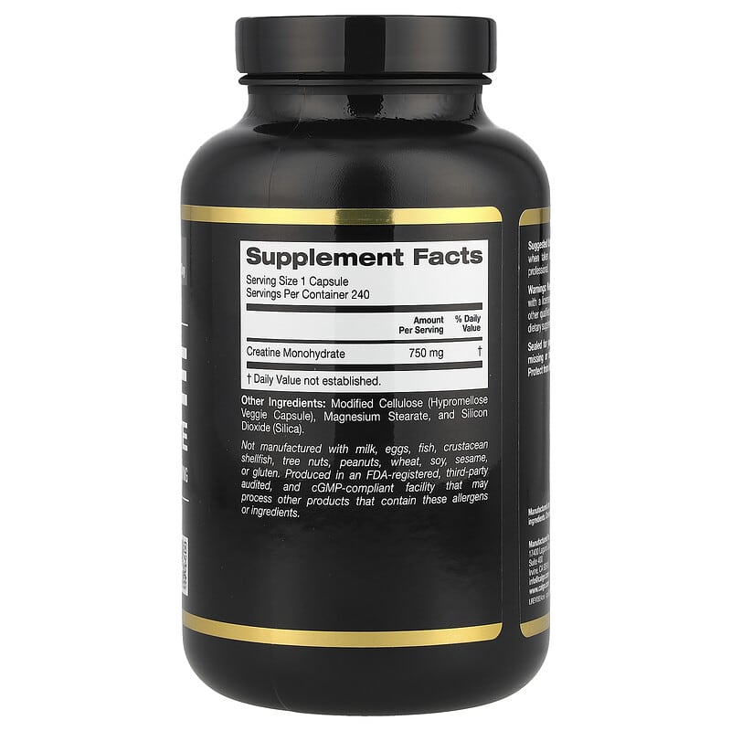 California Gold Nutrition, Sport, Pure Creatine Monohydrate, 750 mg, 240 Veggie Capsules