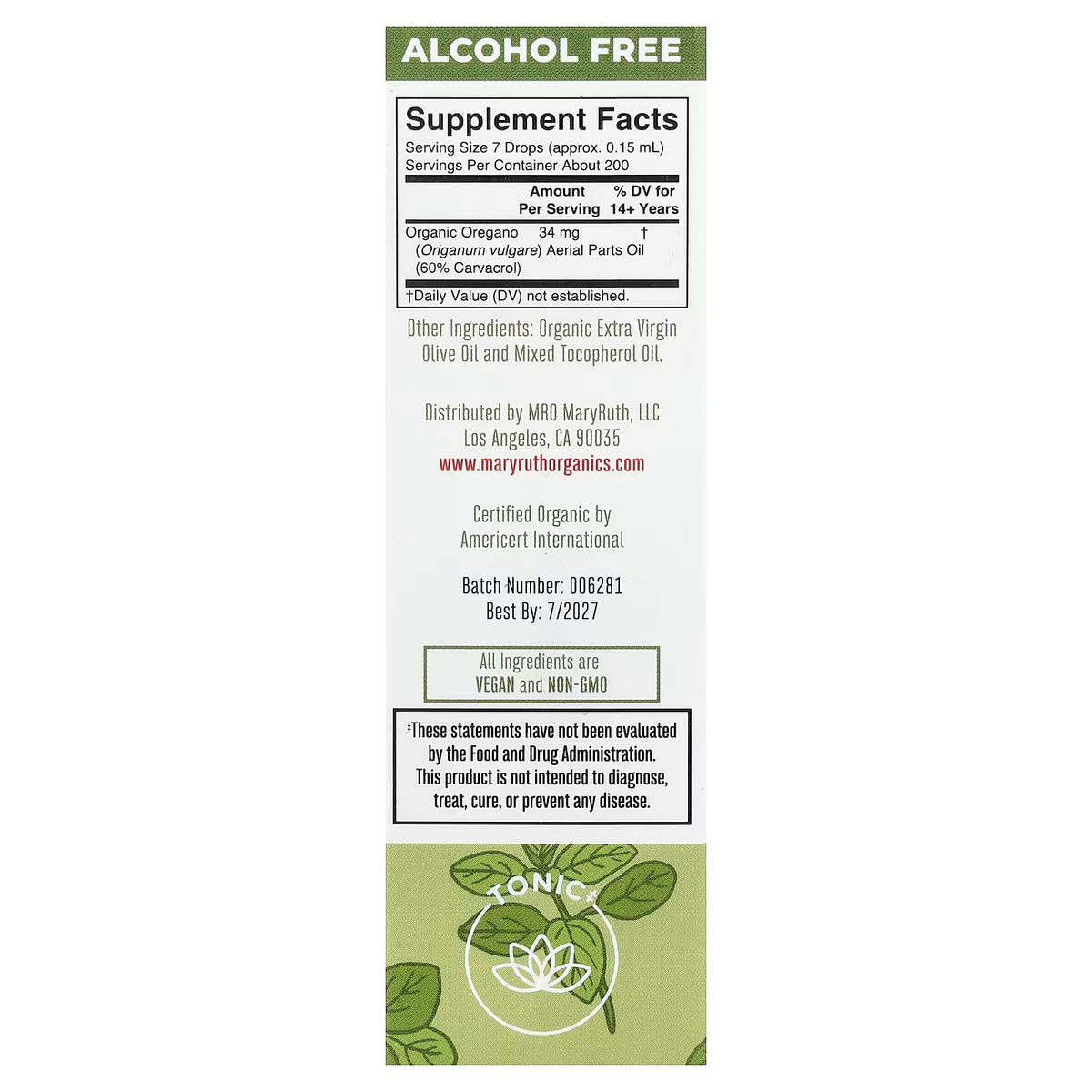 MaryRuth's, Organic Oil of Oregano Liquid Drops, Alcohol Free, 1 fl oz (30 ml)