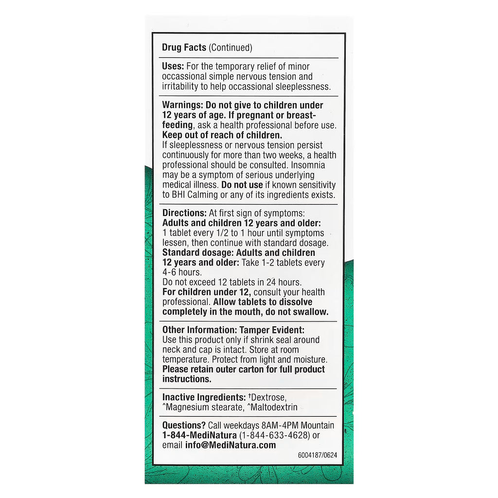 MediNatura, BHI, Calming, 100 Tablets