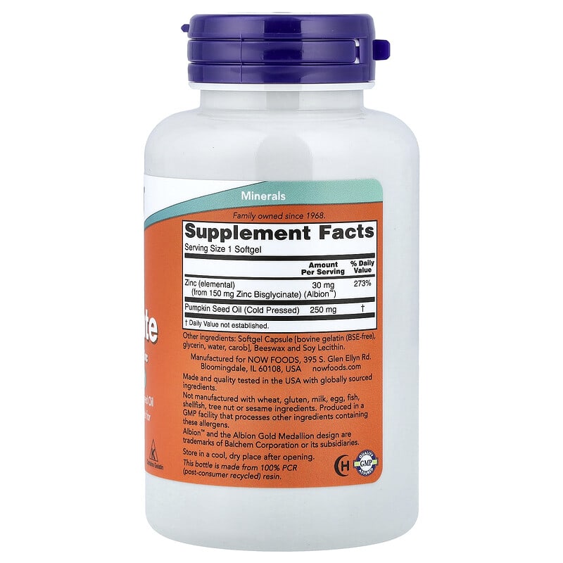 NOW Foods, Zinc Glycinate, 30 mg, 120 Softgels