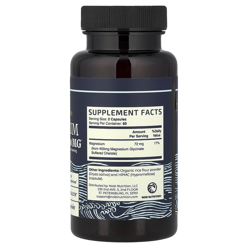 Nobi Nutrition, Magnesium Glycinate, Maximum Absorption, 400 mg, 120 Capsules (200 mg per Capsule)