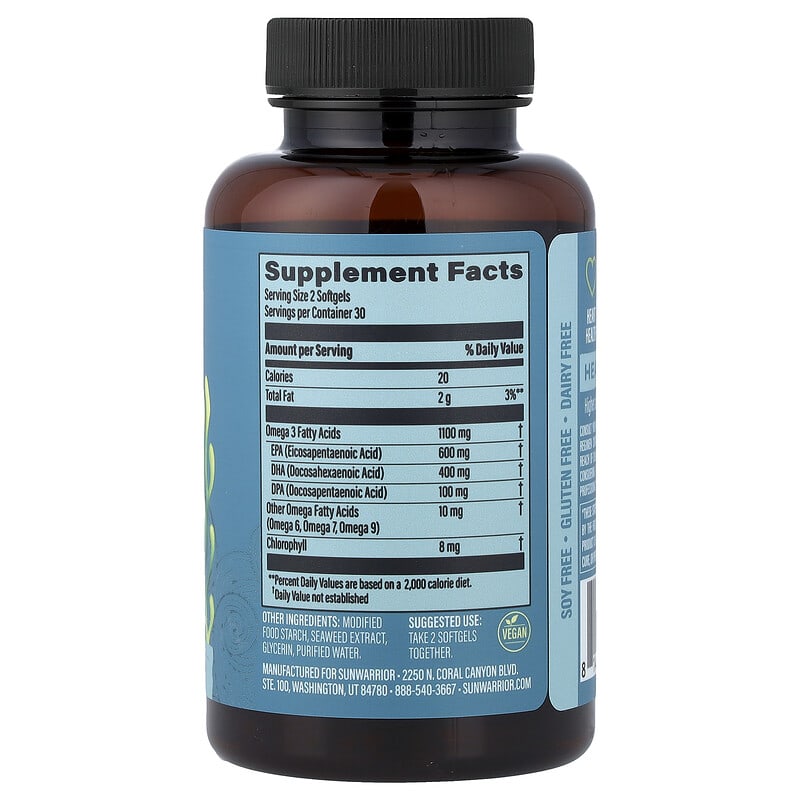Sunwarrior, Premium Omega-3, DHA & EPA + 6, 7, 9 With Chlorophyll, 60 Vegan Softgels