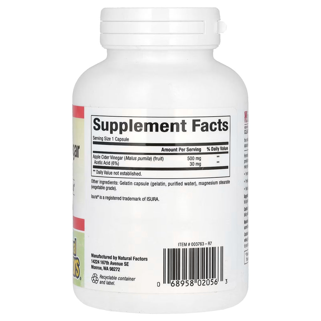 Natural Factors, Fermented Apple Cider Vinegar, 500 mg, 180 Easy to Swallow Capsules