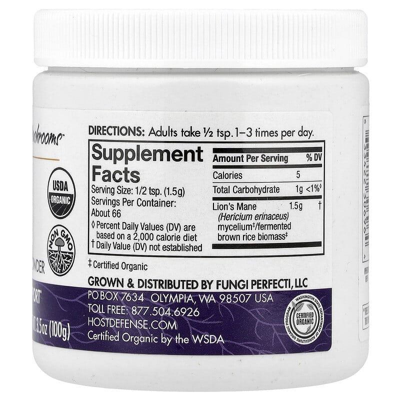 Host Defense, Host Defense® Mushrooms™, Lion's Mane, Mushroom Mycelium Powder, 3.5 oz (100 g)