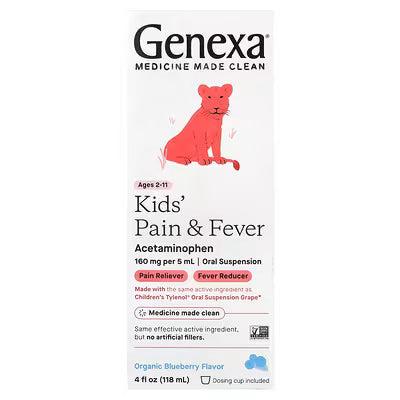 Genexa, Kids' Pain & Fever, Ages 2-11, Organic Blueberry, 160 mg, 4 fl oz (118 ml)