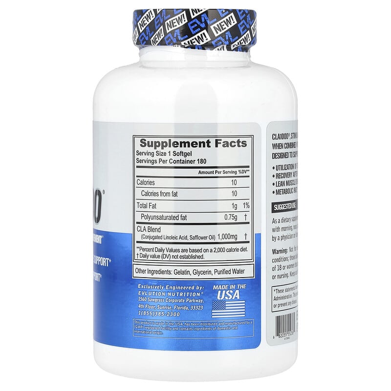 EVLution Nutrition, CLA1000®, Stimulant Free Weight Management, 180 Softgels (1,000 mg per Softgel)