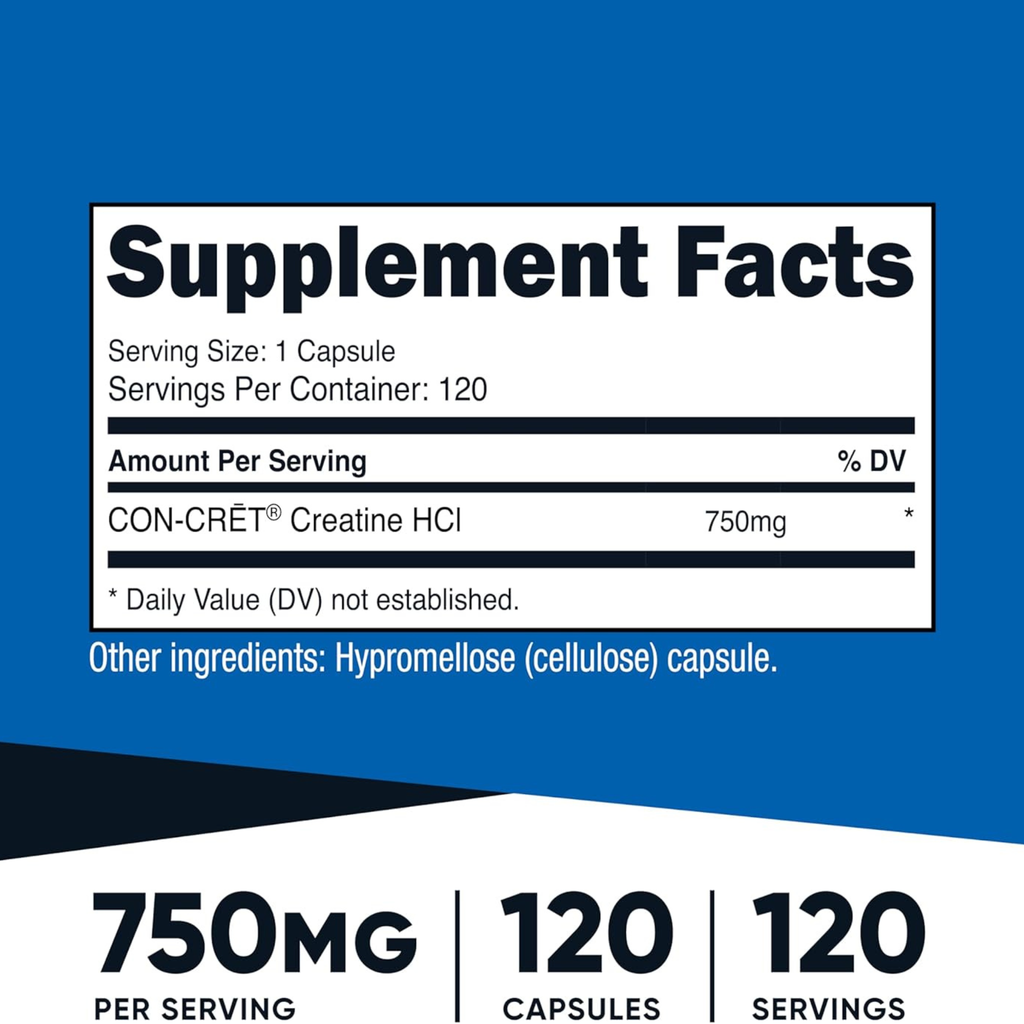 Nutricost Creatine HCl 120 capsules - Made with creatine CON-CRET, 750 mg per capsule