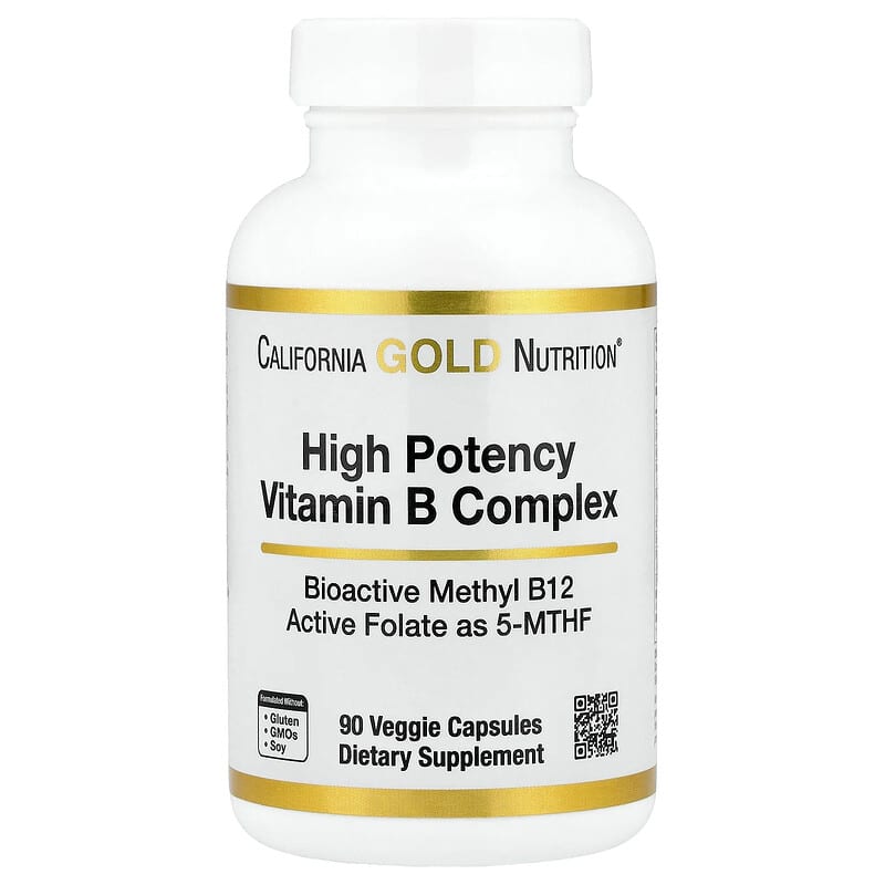 California Gold Nutrition, High Potency Vitamin B Complex with Thiamin HCl, Niacin, Pantothenic Acid and Inositol, 90 Veggie Capsules
