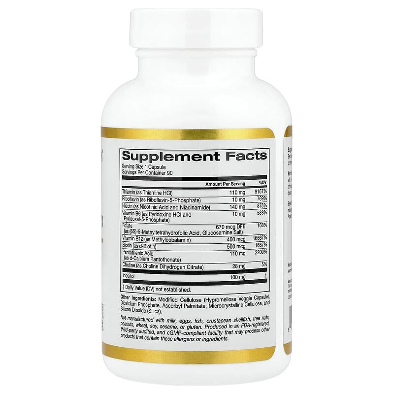 California Gold Nutrition, High Potency Vitamin B Complex with Thiamin HCl, Niacin, Pantothenic Acid and Inositol, 90 Veggie Capsules