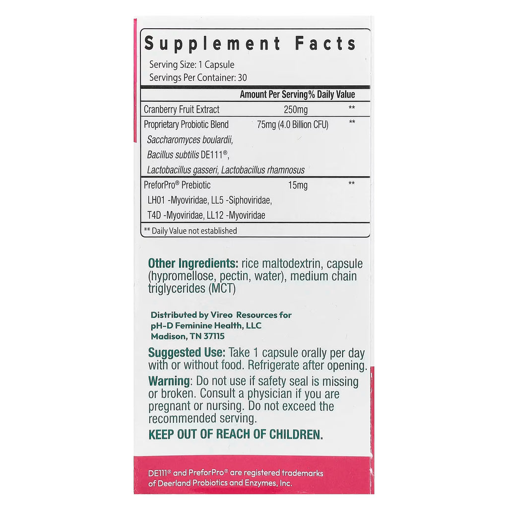 pH-D Feminine Health, Women's Probiotic and Prebiotics with Cranberry, 30 Capsules