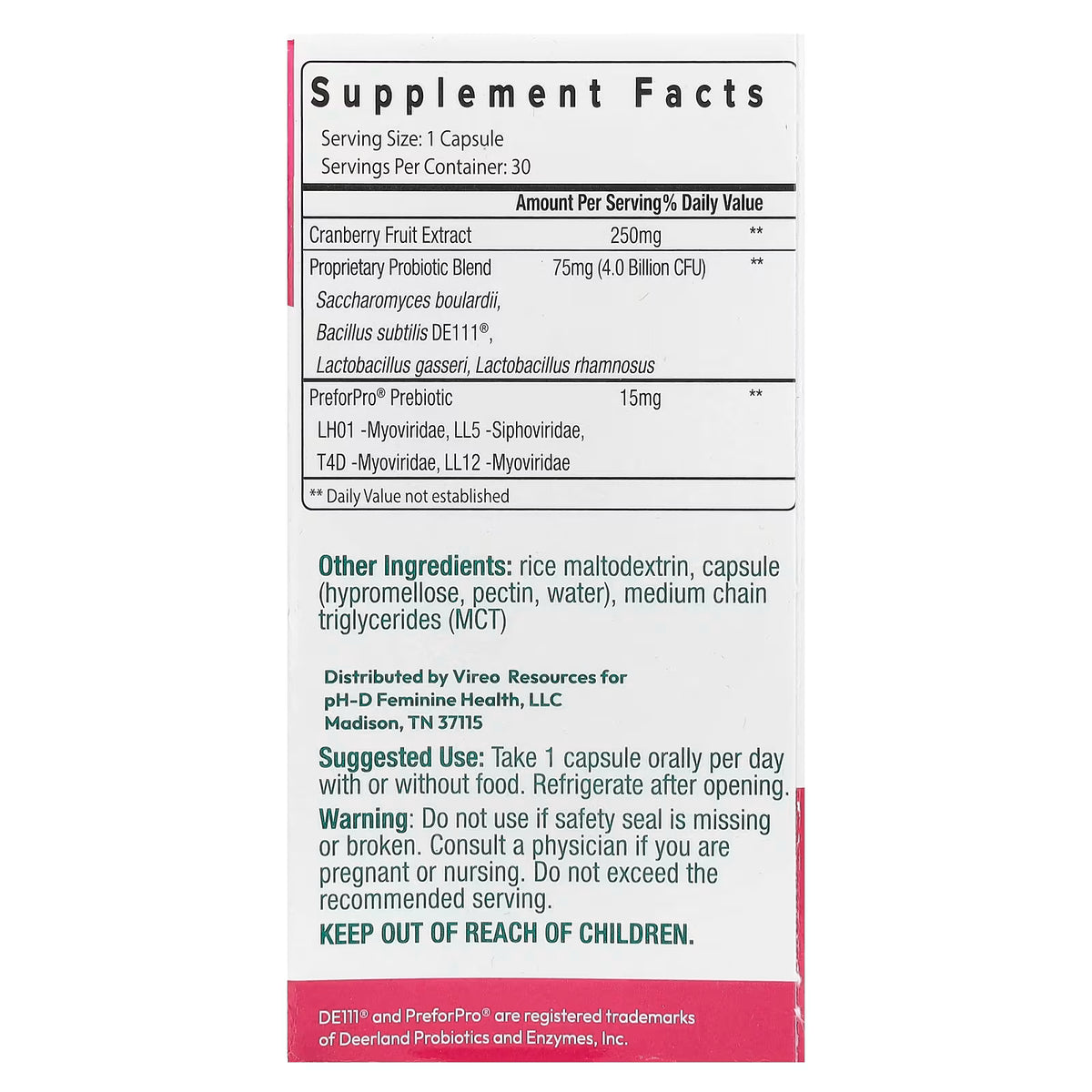 pH-D Feminine Health, Women's Probiotic and Prebiotics with Cranberry, 30 Capsules
