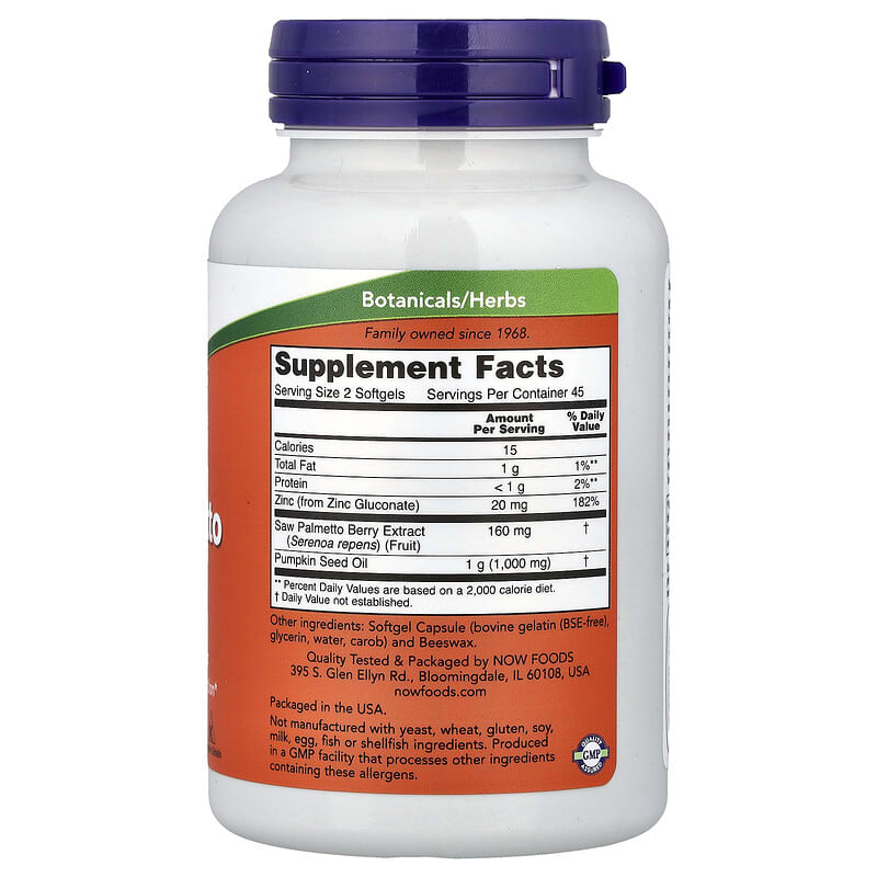 NOW Foods, Saw Palmetto Extract with Pumpkin Seed Oil and Zinc, 160 mg, 90 Softgels