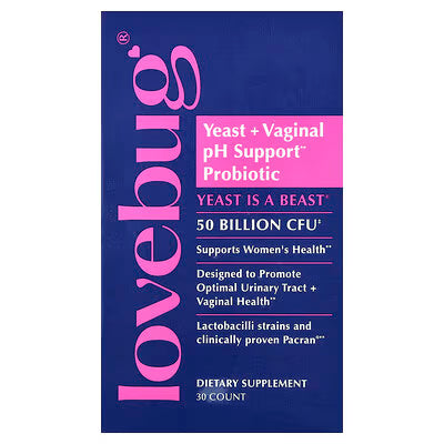 LoveBug Probiotics, Yeast + Vaginal pH Support Probiotic, 50 Billion CFU, 30 Capsules