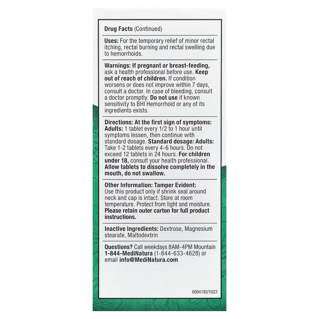 MediNatura, BHI, Hemorrhoid Relief, 100 Tablets
