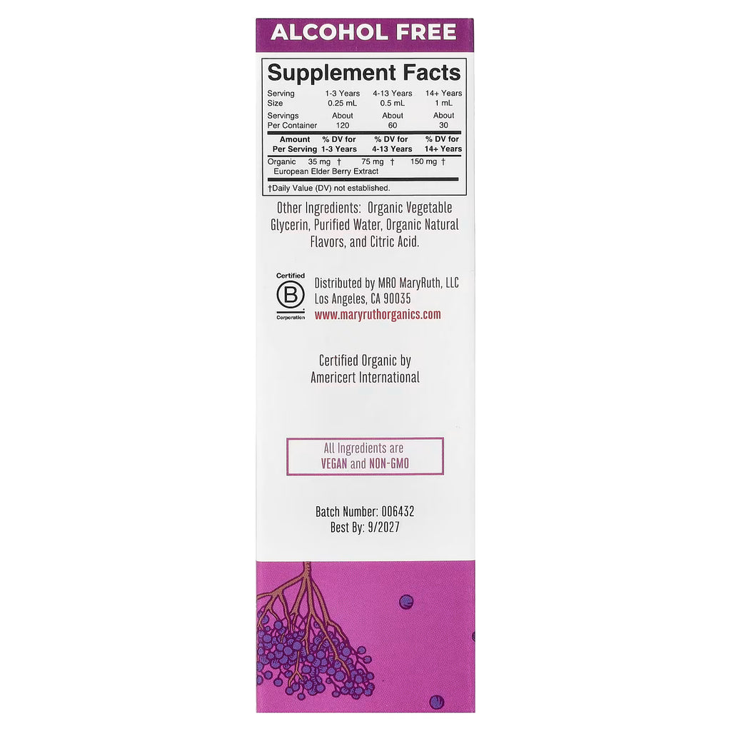 MaryRuth's, Organic Elderberry Liquid Drops, Blueberry + Raspberry, Alcohol Free, 1 fl oz (30 ml)