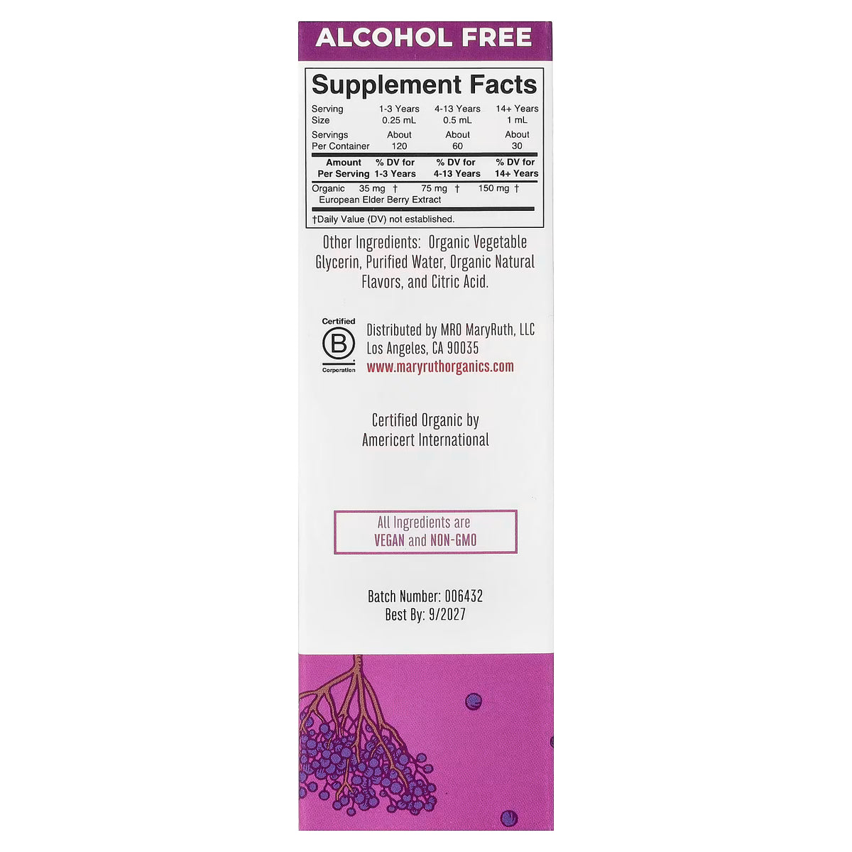 MaryRuth's, Organic Elderberry Liquid Drops, Blueberry + Raspberry, Alcohol Free, 1 fl oz (30 ml)