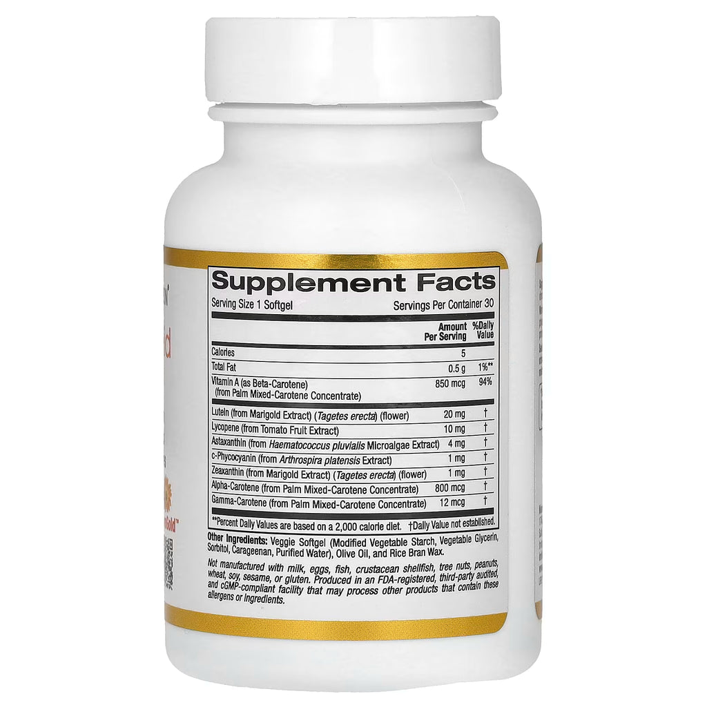 California Gold Nutrition, AstaCarotenoid Complex with Lutein, Lycopene, Astaxanthin, and Vitamin A, 30 Veggie Softgels