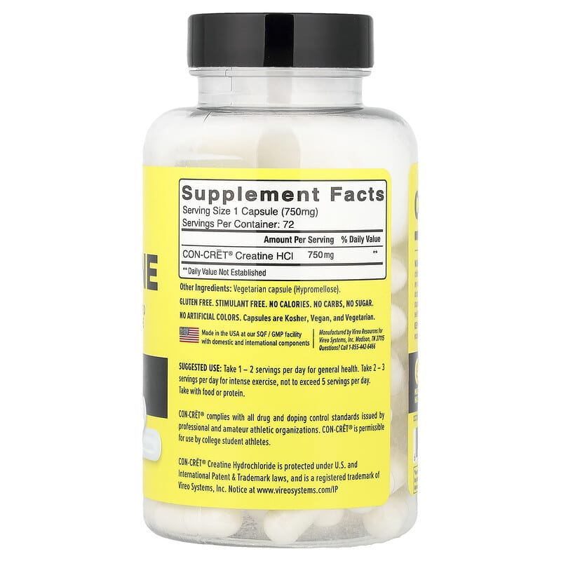 Con-Cret, Creatine HCl, 72 Capsules (750 mg per Capsule)