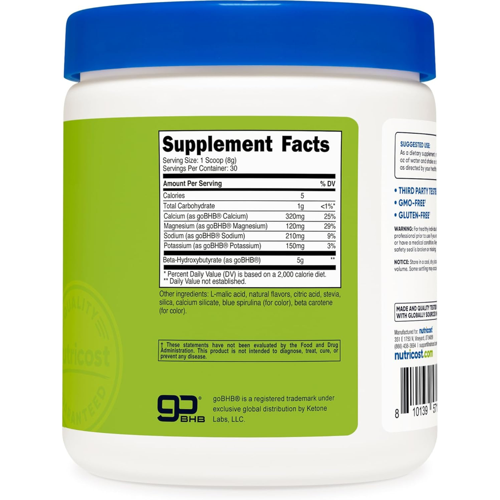 Nutricost BHB Salts Drink Mix (30 Servings, Green Apple Flavored) (5G BHB Per Serving) - 0G Total Sugars, Vegetarian Product