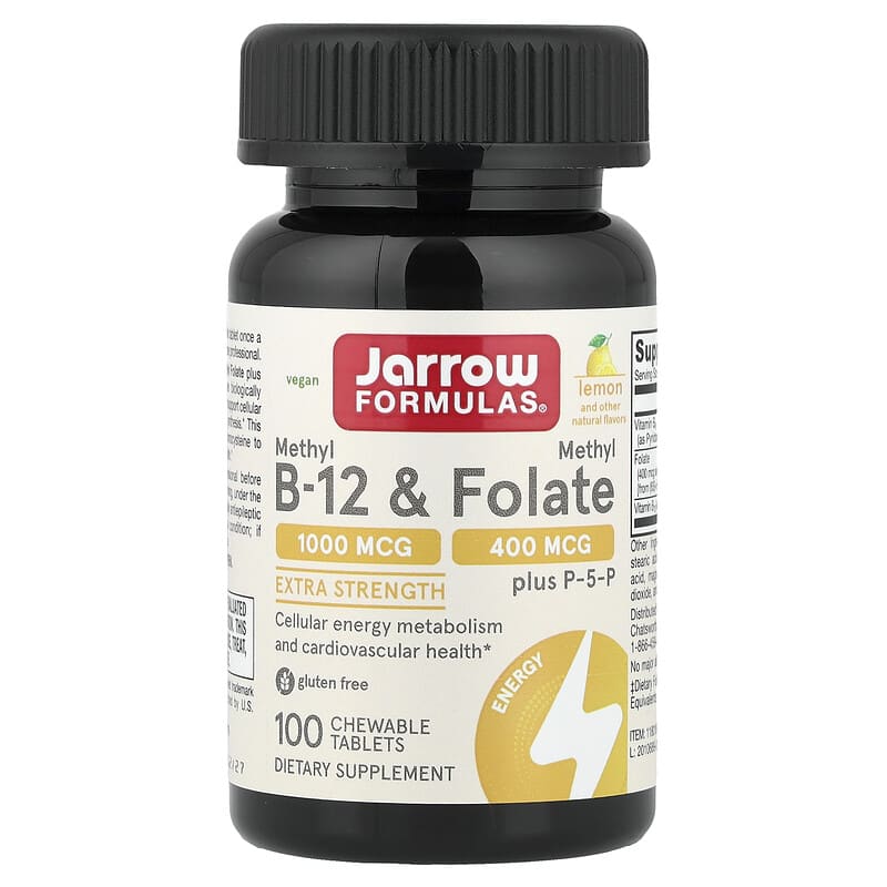 Jarrow Formulas, Vegan Methyl B-12 & Methyl Folate, Lemon, 100 Chewable Tablets