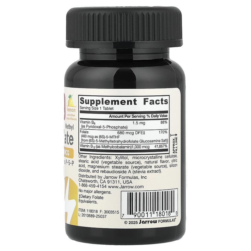 Jarrow Formulas, Vegan Methyl B-12 & Methyl Folate, Lemon, 100 Chewable Tablets