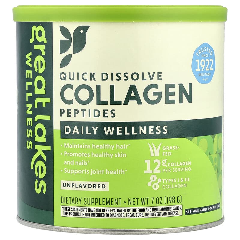 Great Lakes Wellness, Quick Dissolve Collagen Peptides, Daily Wellness, Unflavoured, 7 oz (198 g)