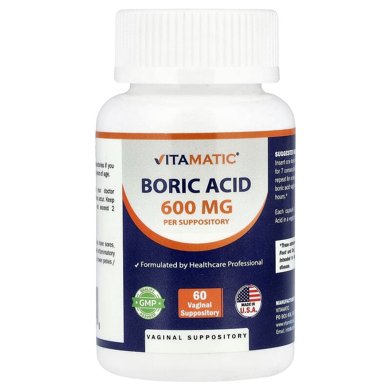 Vitamatic, Boric Acid, 600 mg, 60 Vaginal Suppositories