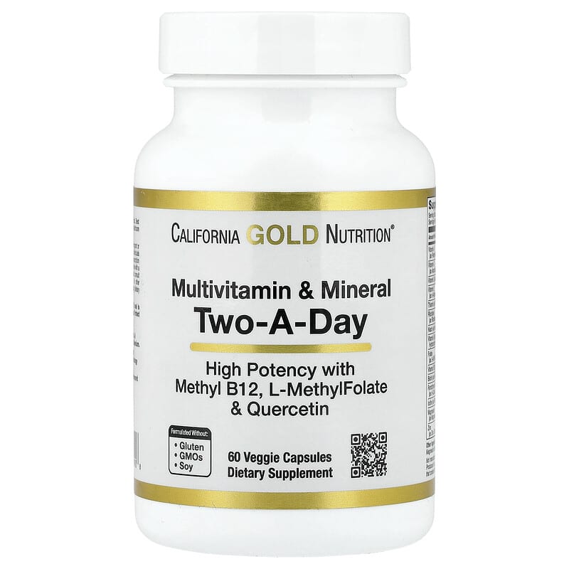 California Gold Nutrition, Multivitamin and Mineral with Methyl B12, Vitamin C, L-methyl folate and Quercetin, Two-A-Day, 60 Veggie Capsules