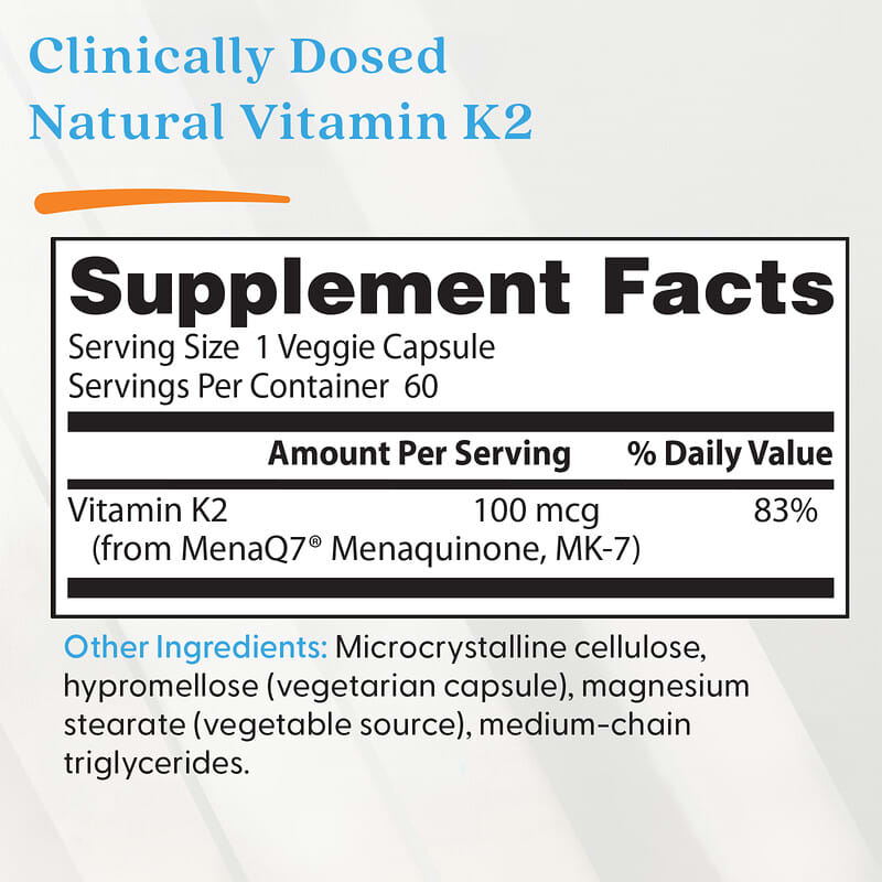 Doctor's Best, Natural Vitamin K2 MK-7, 100 mcg, 60 Veggie Caps