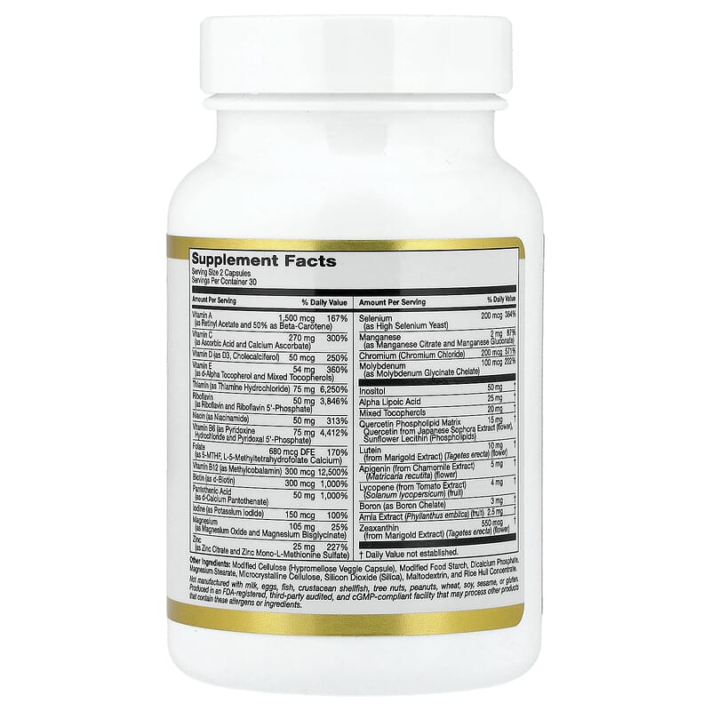 California Gold Nutrition, Multivitamin and Mineral with Methyl B12, Vitamin C, L-methyl folate and Quercetin, Two-A-Day, 60 Veggie Capsules