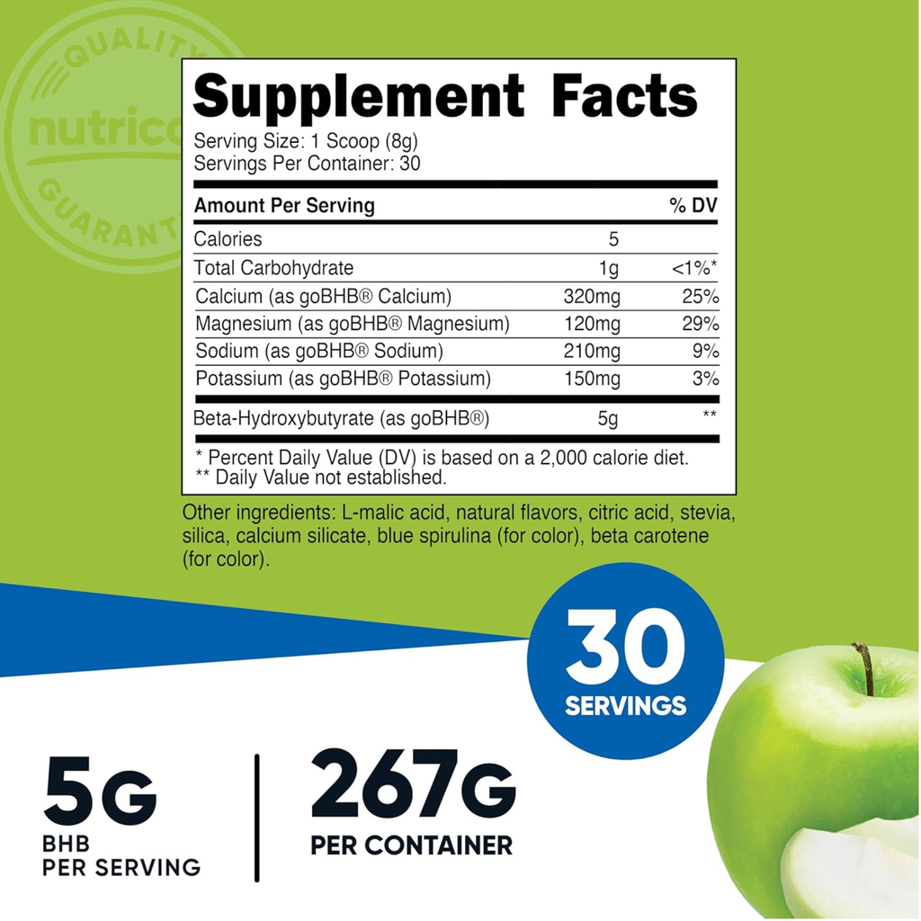 Nutricost BHB Salts Drink Mix (30 Servings, Green Apple Flavored) (5G BHB Per Serving) - 0G Total Sugars, Vegetarian Product